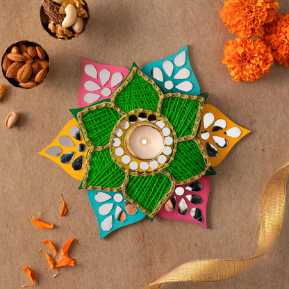 String Art Tealight Holder in the Shape of Flowers with Mirror Work